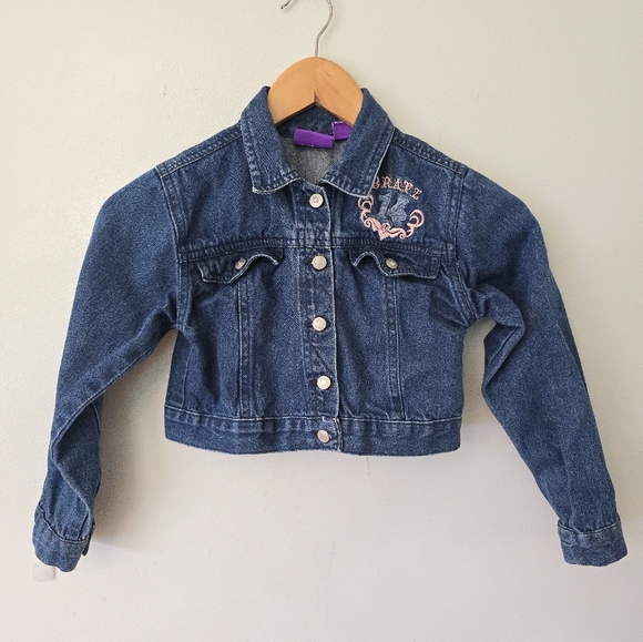 BRATZ GIRLS YOUTH Y2K VINTAGE BLUE JEAN CROPPED EMBROIDERED DENIM JACKET SZ 7/8 - Picture 1 of 10